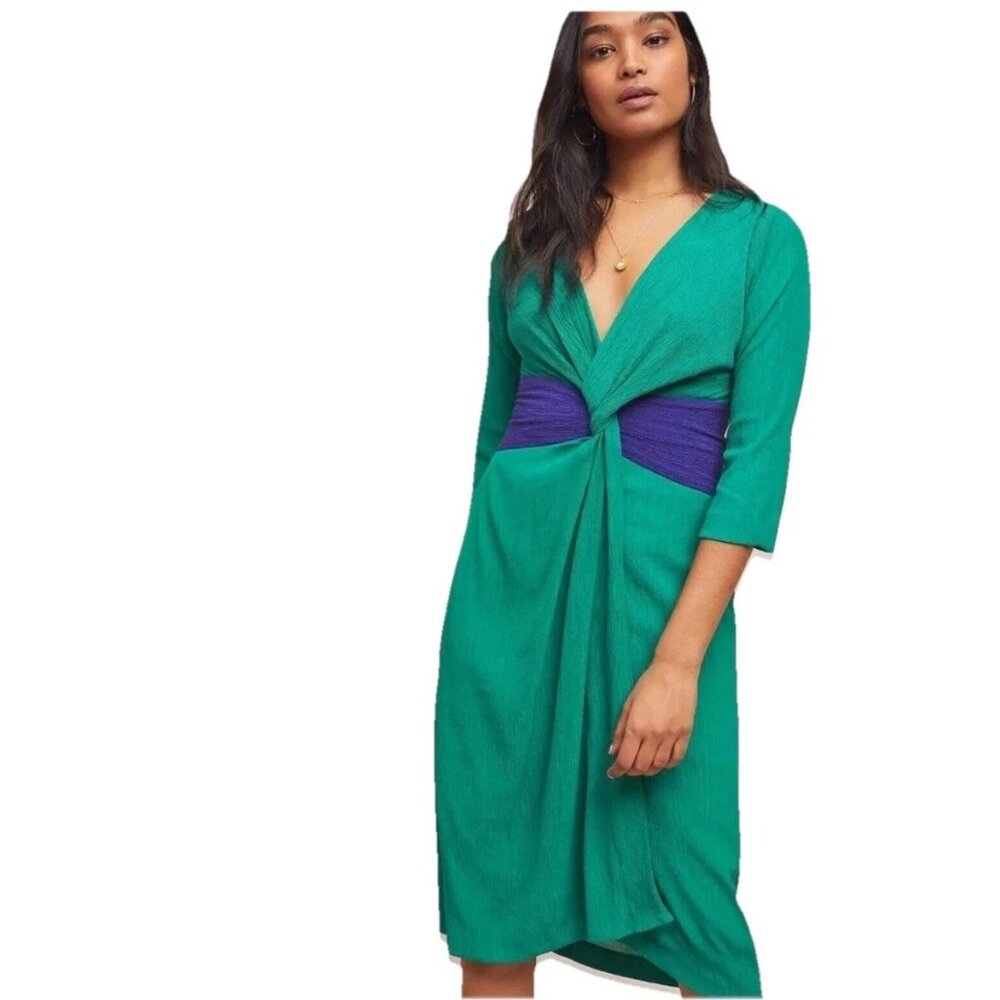 MOULINETTE SOEURS ANTHROPOLOGIE Green Crepe Twisted Knot Midi Dress Sz 12P